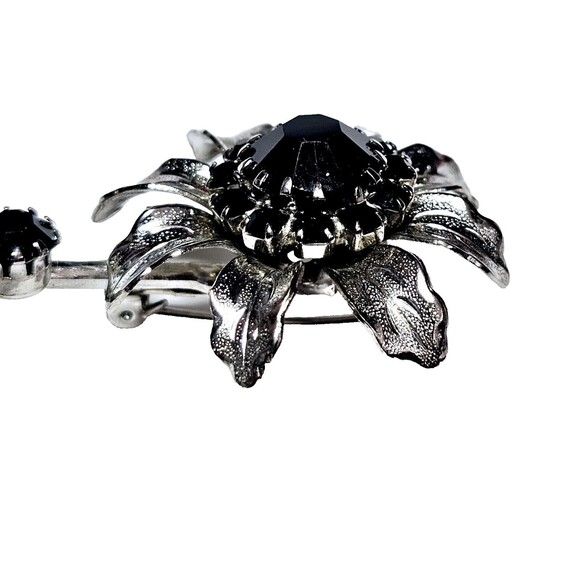 Flower Brooch Prong Set Black Crystal Silver Tone Dahlia Sunflower Daisy VTG EUC - Picture 7 of 11